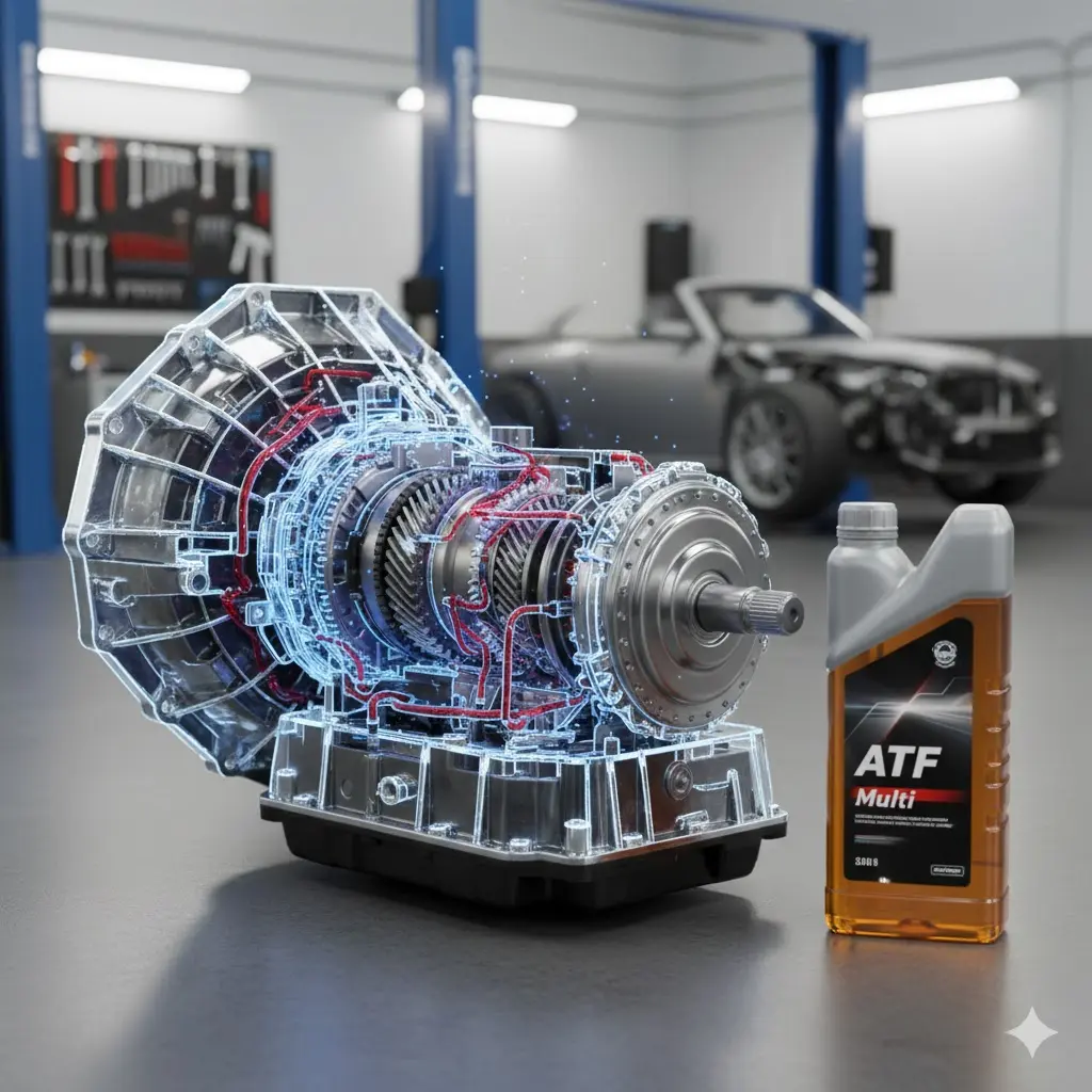 Illustration of an automatic transmission system showing internal gears with flowing synthetic ATF Multi fluid, highlighting lubrication, cooling, and smooth gear shifting performance.