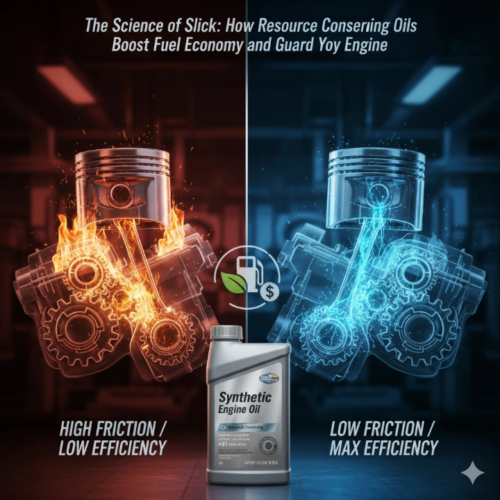 A scientific infographic showing a cross-section of a high-performance engine being lubricated by glowing blue and gold synthetic oil, illustrating low viscosity and molecular protection layers.
