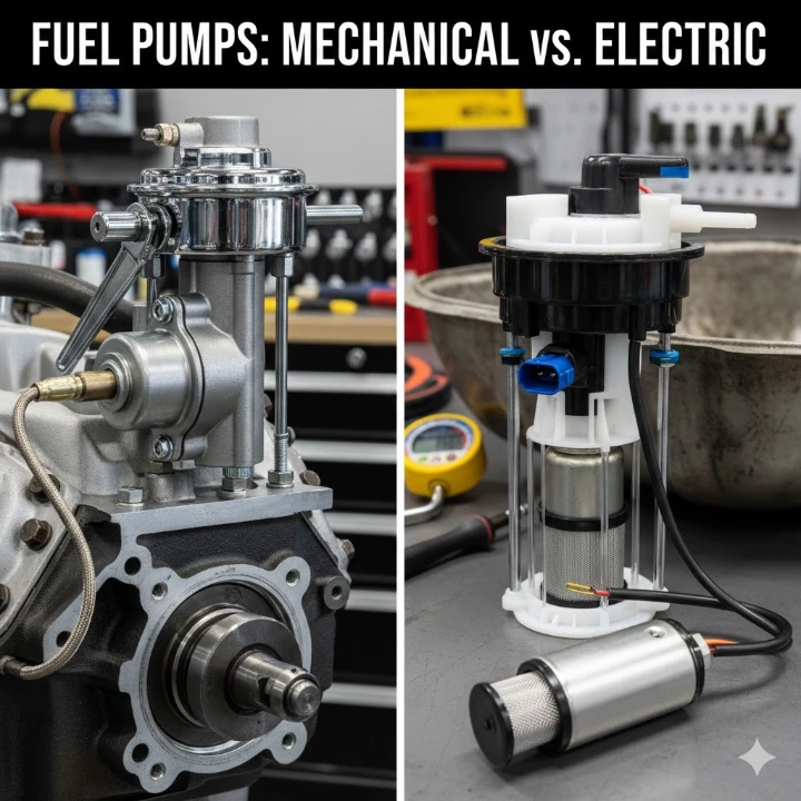A side-by-side comparison of a traditional mechanical fuel pump mounted on an engine block and a modern electric fuel pump assembly with a standalone electric motor.