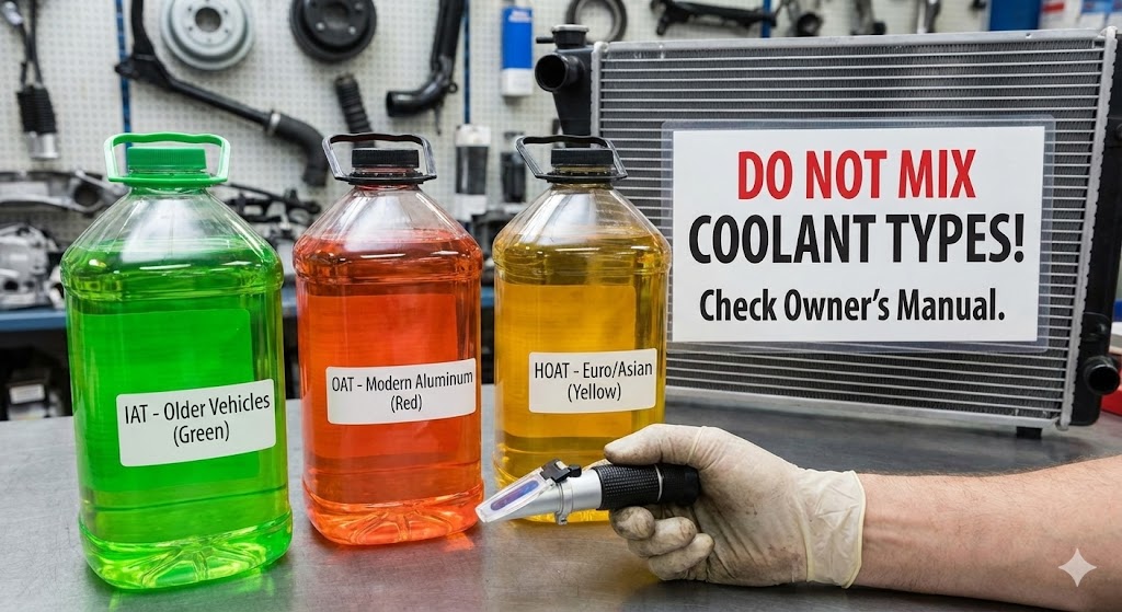 A high-quality, vibrant display of various engine coolant colors—including green, red, orange, and blue—in clear containers, representing the different chemical technologies (IAT, OAT, and HOAT) used to protect automotive engines.