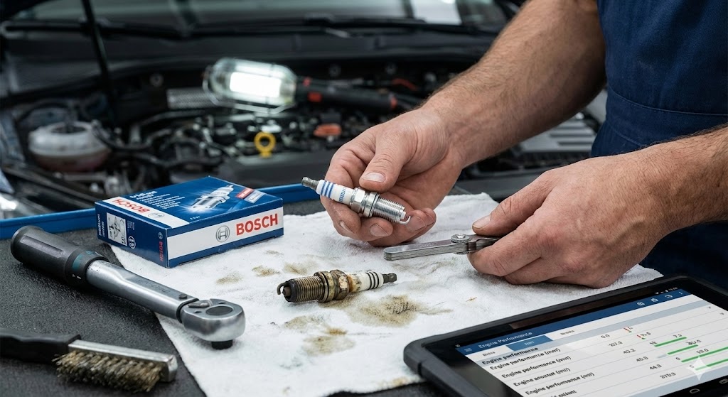 Bosch Spark Plug Maintenance: Ensuring optimal engine performance and fuel efficiency. A close-up, high-definition image of a Bosch Iridium spark plug showing the electrode, ceramic insulator, and threaded metal shell, illustrating a clean and well-maintained ignition component.