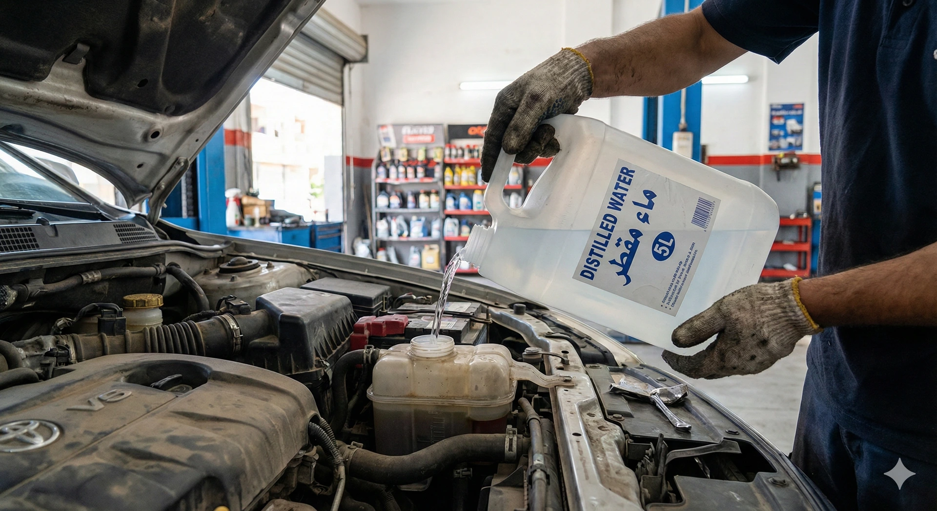 Distilled Water 5L: High-purity water for automotive, medical, and industrial use in Egypt. A realistic 5-liter transparent jug of high-purity distilled water sitting on a workshop workbench with a blurred car engine in the background, essential for radiator and battery maintenance in Egypt.
