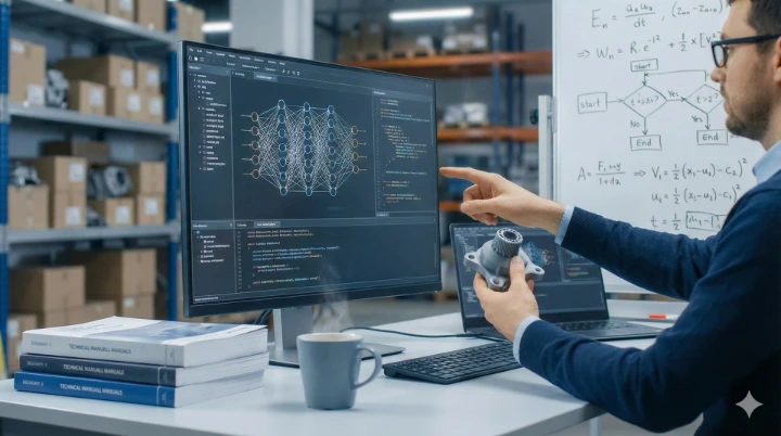 Abstract visualization of an AI digital brain connecting to automotive gears and data points for spare parts inventory management.