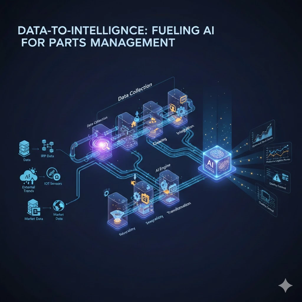 An isometric infographic showing the AI data pipeline for automotive parts management, illustrating the flow from raw data sources like ERP and IoT sensors through cleaning and integration into a glowing AI engine that outputs predictive analytics.