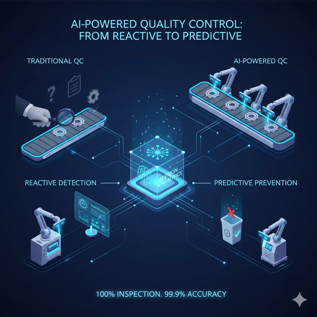 AI Quality Assurance: Using Computer Vision and predictive analytics to ensure every part meets the highest standards of perfection. A futuristic visualization of AI-powered quality control in a warehouse setting, featuring a robotic arm and digital scanning interface inspecting automotive spare parts for defects with real-time data overlays.