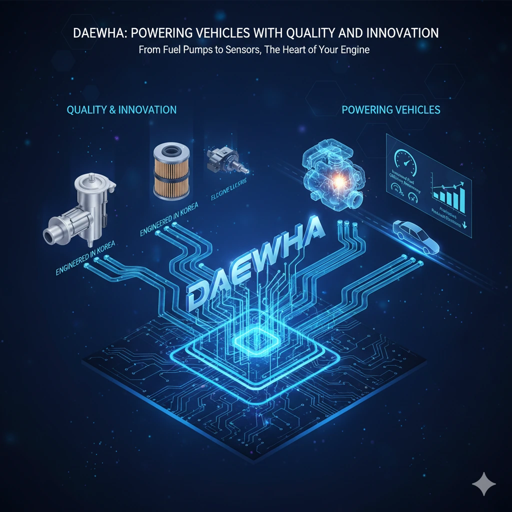 Daewha Automotive Solutions: Engineered for reliability, from fuel delivery to engine filtration. A professional product showcase of Daewha automotive components including a high-pressure fuel pump, various engine filters, and ignition coils, arranged to show the diversity of the Korean manufacturer's parts.
