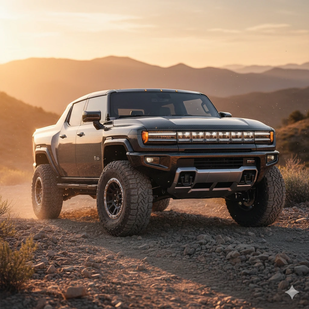 2025 GMC Hummer EV Carbon Fiber Edition in Extract Mode on a rugged mountain trail at sunset.