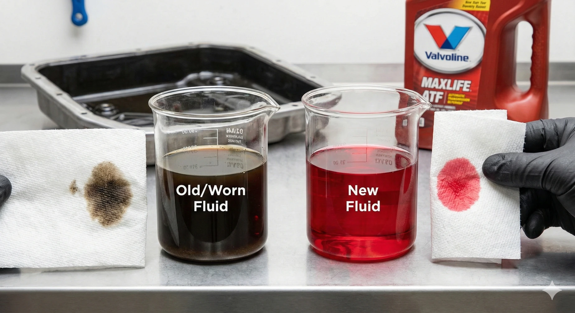 Comparing burnt, dirty transmission fluid with fresh, red ATF A side-by-side comparison in glass beakers showing dark, worn automatic transmission fluid next to bright red, fresh Valvoline MaxLife ATF, demonstrating a paper towel color test.