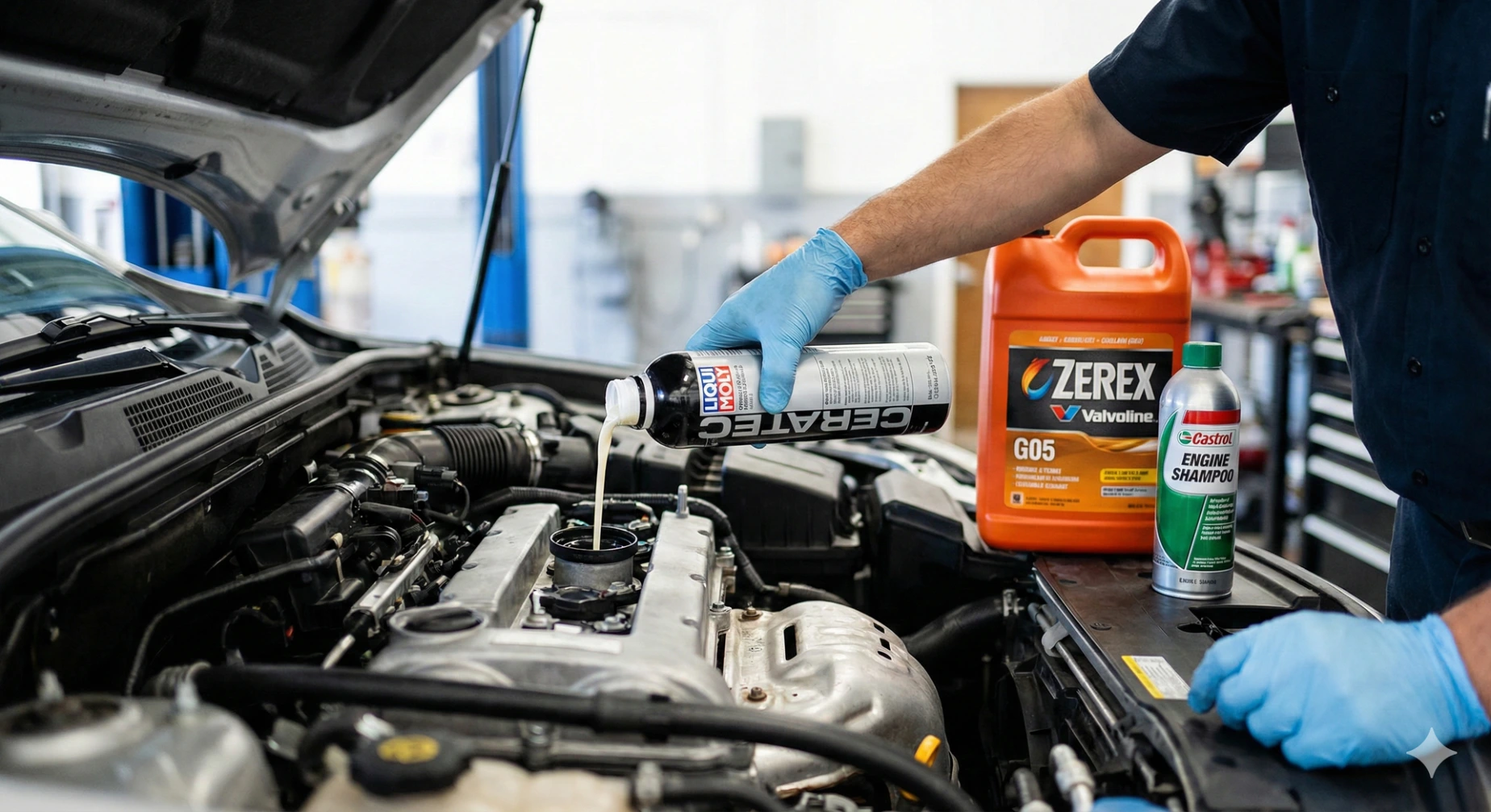 Adding premium micro-ceramic oil additives to protect internal engine components A mechanic pouring the milky-white Liqui Moly Cera Tec micro-ceramic oil additive into a car engine, with Valvoline Zerex coolant and Castrol Engine Shampoo resting nearby