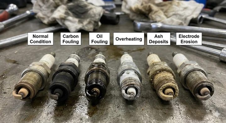 Worn spark plug electrode showing heavy carbon fouling and ground electrode erosion - Engine Diagnostic Chart