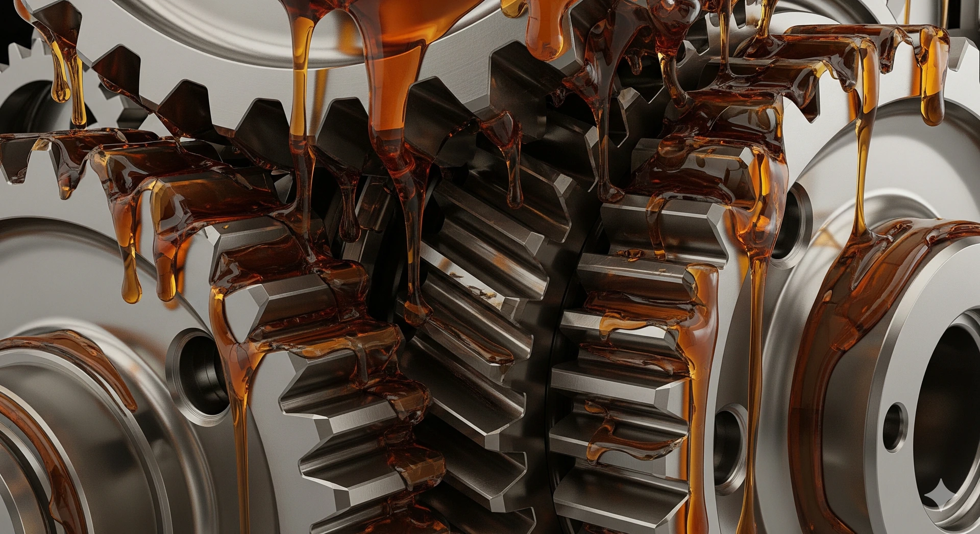 صورة مقرّبة لتروس محرك معدنية متشابكة مغطاة بطبقة سميكة من زيت محركات عالي اللزوجة بلون كهرماني.