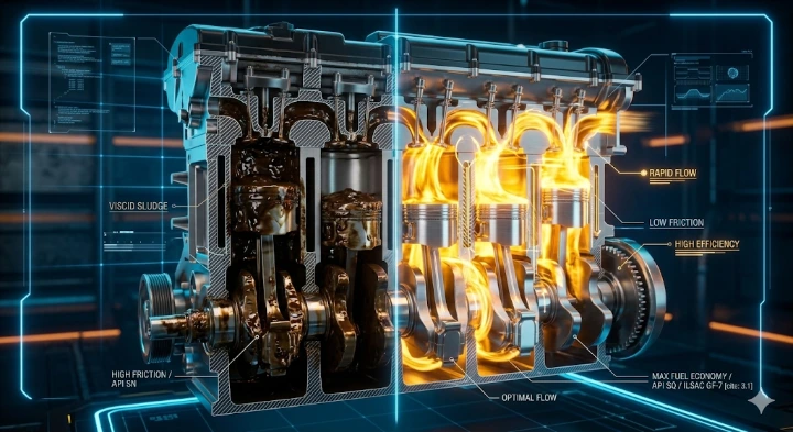 A split 3D infographic of a modern engine block, contrasting slow, dark API SN sludge on the left with glowing, rapid, low-friction API SQ and ILSAC GF-7 oil flow on the right, labeled with performance characteristics.