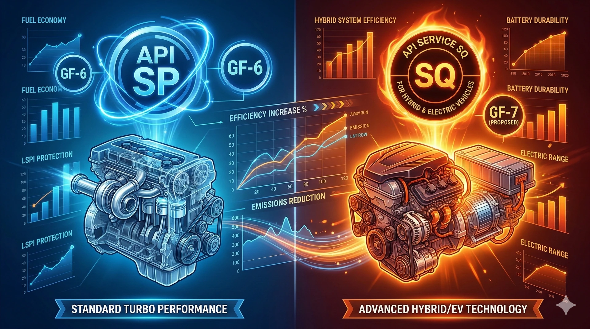 A split-screen digital illustration comparing API SP and GF-6 lubricants for turbo engines (left, blue) against the new API SQ lubricants for advanced hybrid powertrains (right, orange), featuring performance data charts.