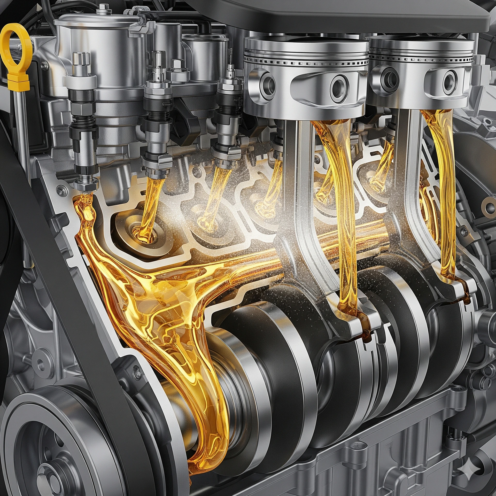 A detailed cutaway illustration of a modern direct-injection car engine with clean, golden API SP oil flowing through its internal components, demonstrating advanced lubrication and protection against LSPI.