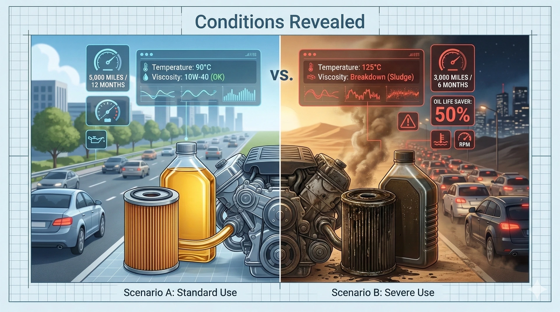 Visual Proof: How Driving Conditions Cut Your Engine Oil Lifespan in Half Technical comparison graphic for the blog post 'How Long Does Engine Oil Last?'. It illustrates two split-screen scenarios. On the left ('Standard Use'), a clean, amber-filled oil filter is shown, attached to an engine part in a calm, clear-sky urban environment. Cool-blue data overlays show temperature at 90°C, viscosity 'OK', and an icon of '5,000 MILES / 12 MONTHS'. On the right ('Severe Use'), a dark, sludge-covered oil filter is shown on a grimy engine in a harsh, dusty desert environment with intense heat haze and gridlocked city traffic. Red data overlays show temperature at 125°C, viscosity 'Breakdown (Sludge)', and a bold warning icon of '3,000 MILES / 6 MONTHS' with a bold 'OIL LIFE SAVER: 50%' reduction. Both scenes are framed by a light technical grid, looking like a page from a manual.