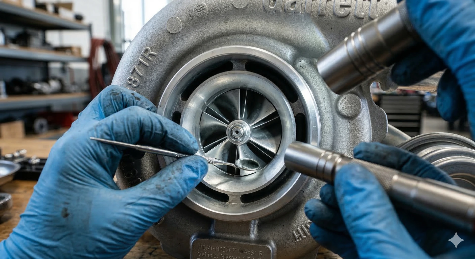 A mechanic inspecting the compressor wheel and blades inside a car's turbocharger housing.