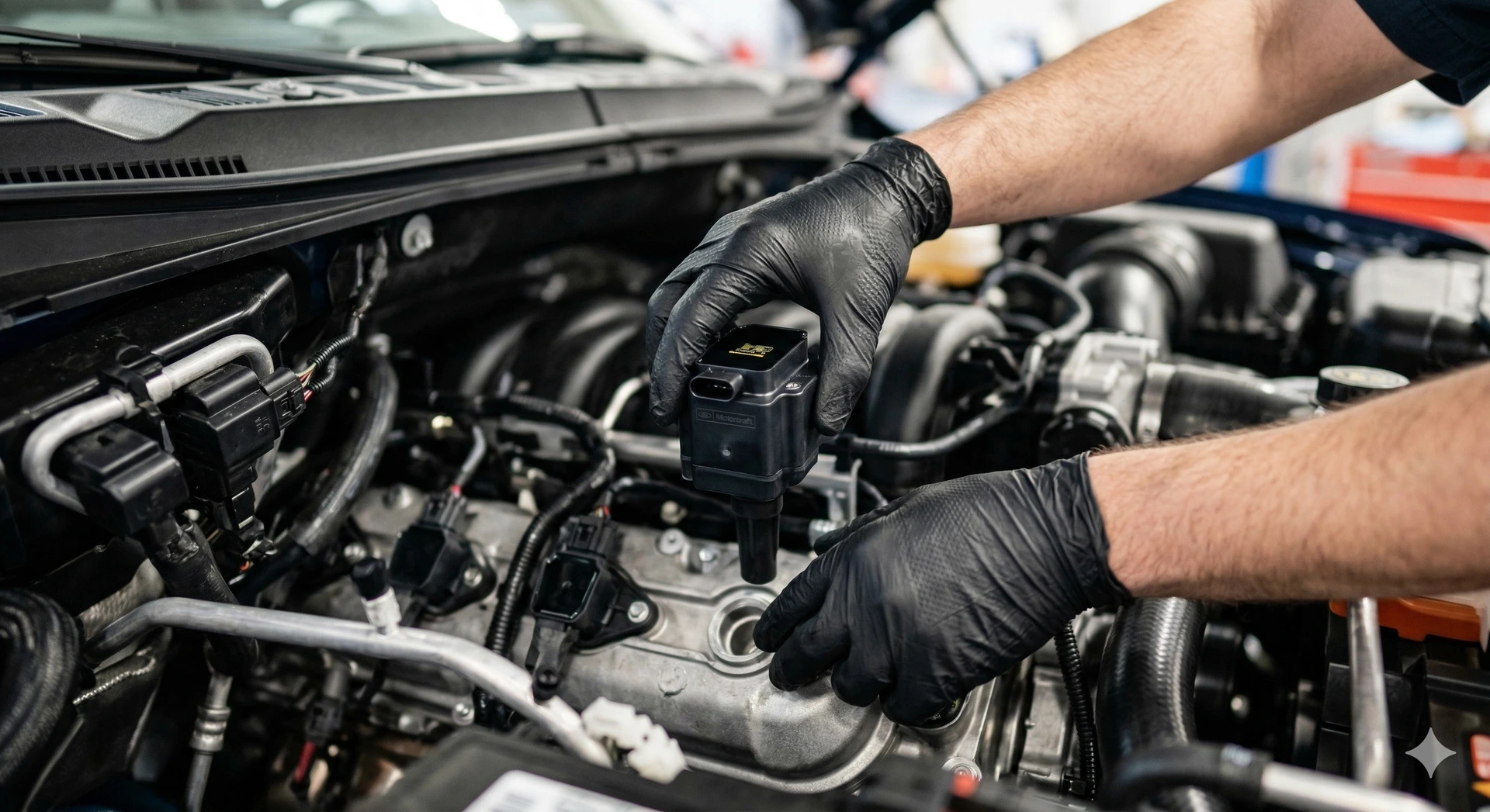 Mechanic installing a new ignition coil pack in a V8 engine. Detailed close-up photograph of a mechanic's hands in black nitrile gloves meticulously installing a brand-new black ignition coil pack into a modern V8 engine bay, with bright garage lighting illuminating the complex mechanical components and textured metallic surfaces.