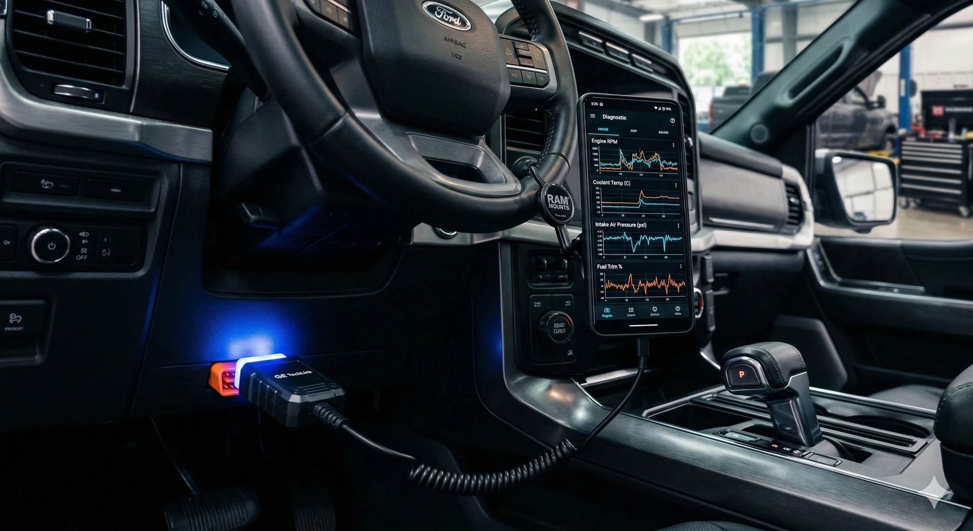 Using an OBD2 scanner and smartphone to diagnose truck engine codes. A modern truck interior featuring a glowing blue OBD2 diagnostic scanner plugged into the dashboard port, connected to a smartphone mounted on the dash that displays real-time engine performance graphs and diagnostic data in a clean, high-tech automotive aesthetic.