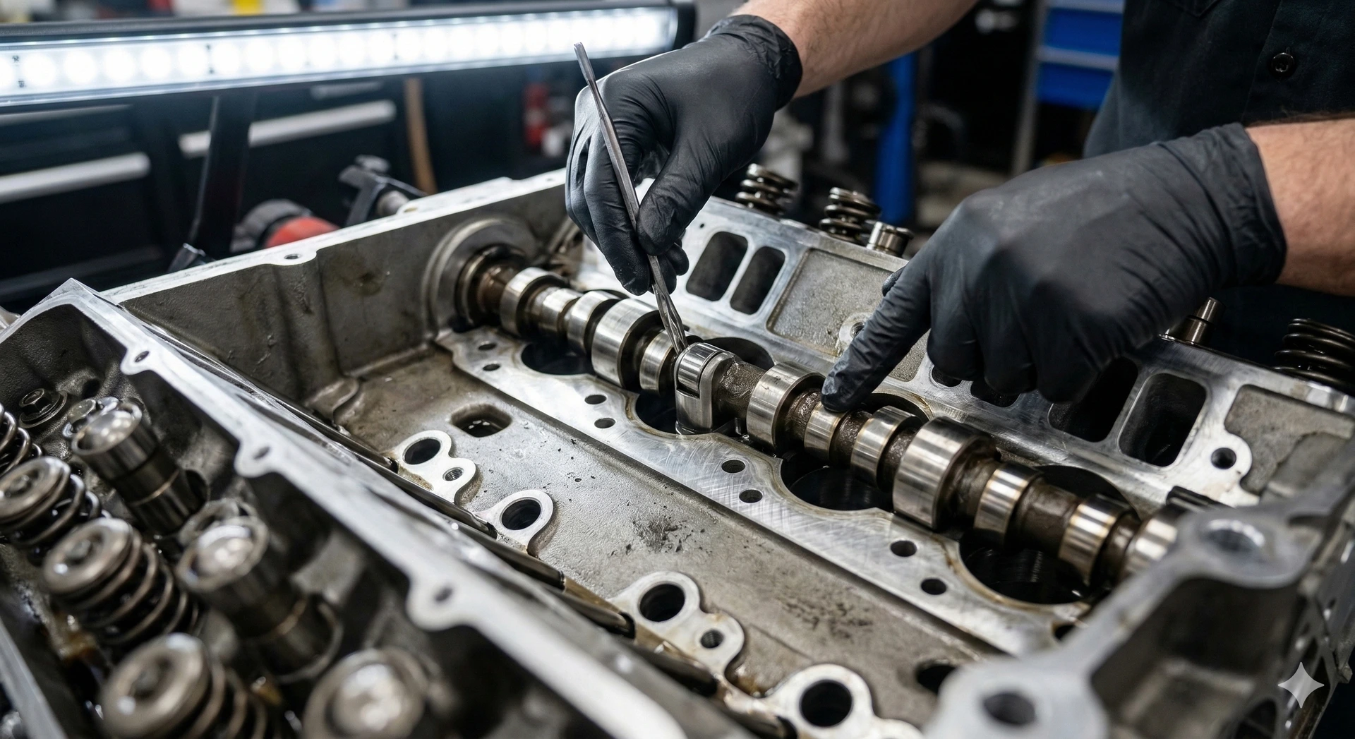 A close-up photograph showing a mechanic carefully inspecting a V8 engine block's metallic roller lifters and camshaft lobes during an AFM system repair on a Chevy Silverado.