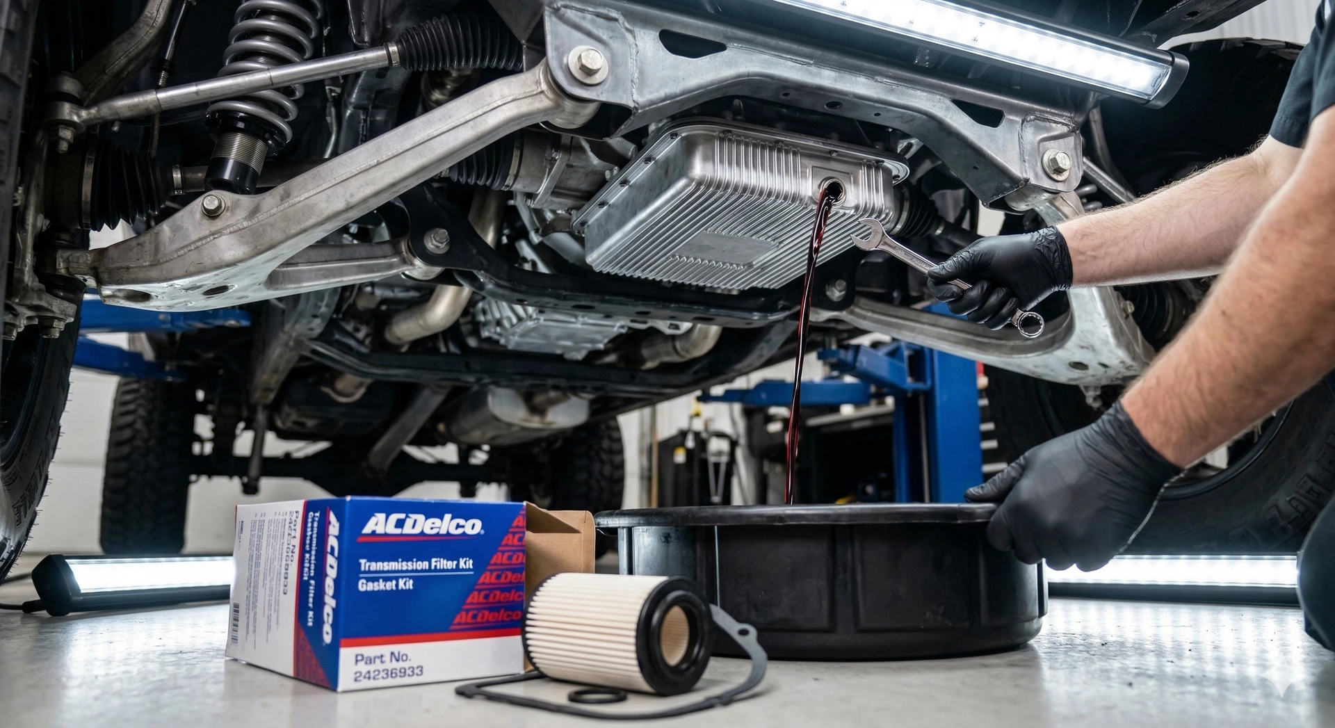 A close-up photograph in a garage shows a mechanic draining dark reddish-brown transmission fluid from a lifted vehicle into a black drain pan. In the foreground is an ACDelco Transmission Filter Kit box (Part No. 24236933) with a new white filter next to it.