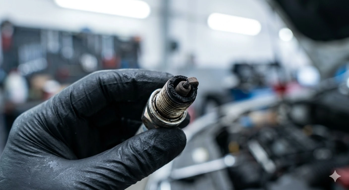 Inspecting a heavily fouled spark plug, covered in carbon deposits. Macro shot of a mechanic's gloved hand holding a heavily worn and fouled spark plug, covered in carbon deposits. Blurry automotive workshop background.