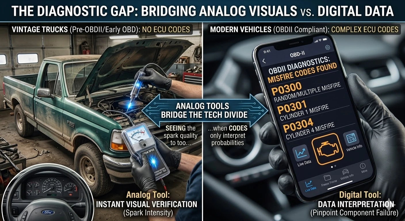 Analog vs. Digital: Why visual spark verification still matters in a world of ECU codes. A split-screen infographic titled 'The Diagnostic Gap' comparing a 1990s Ford pickup being tested with an analog spark plug tester versus a modern smartphone displaying digital OBD-II engine misfire codes.