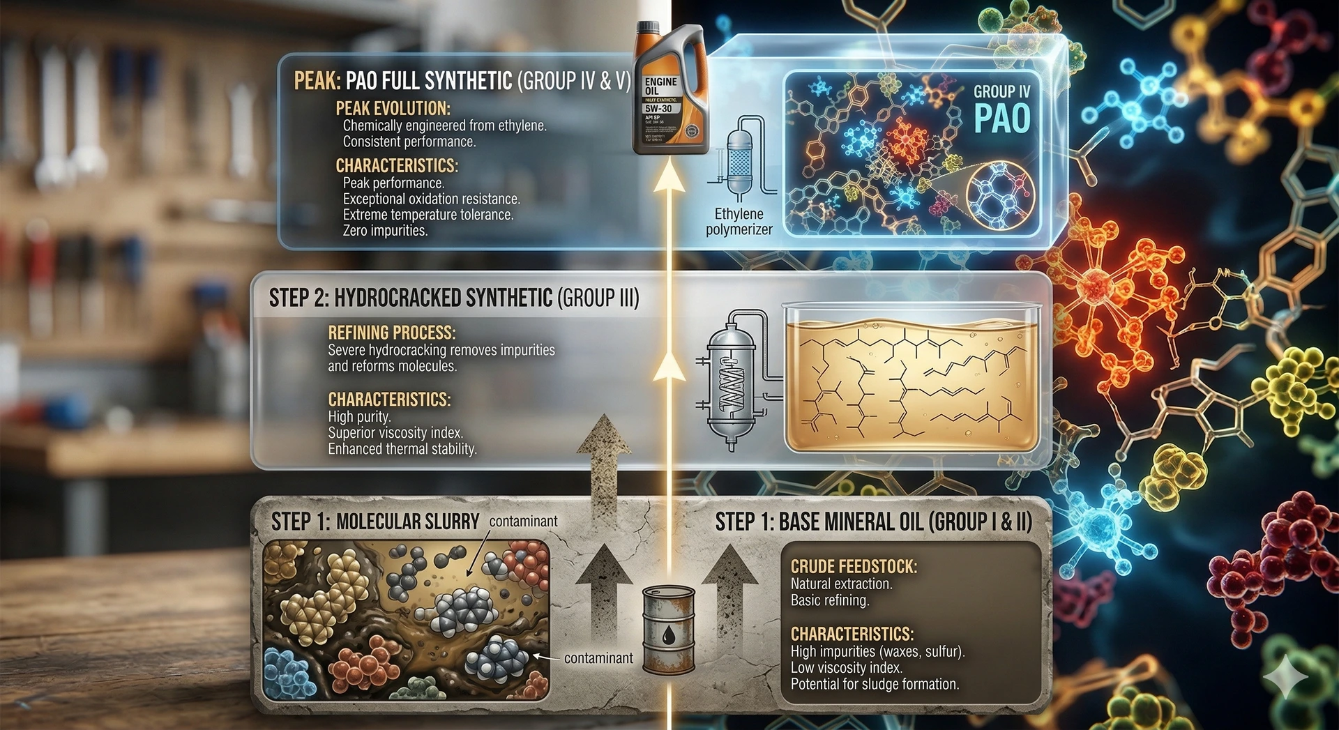 Understanding API Base Oil Groups I through V. A chart showing the progression of crude oil refinement to Group IV Polyalphaolefins (PAO).