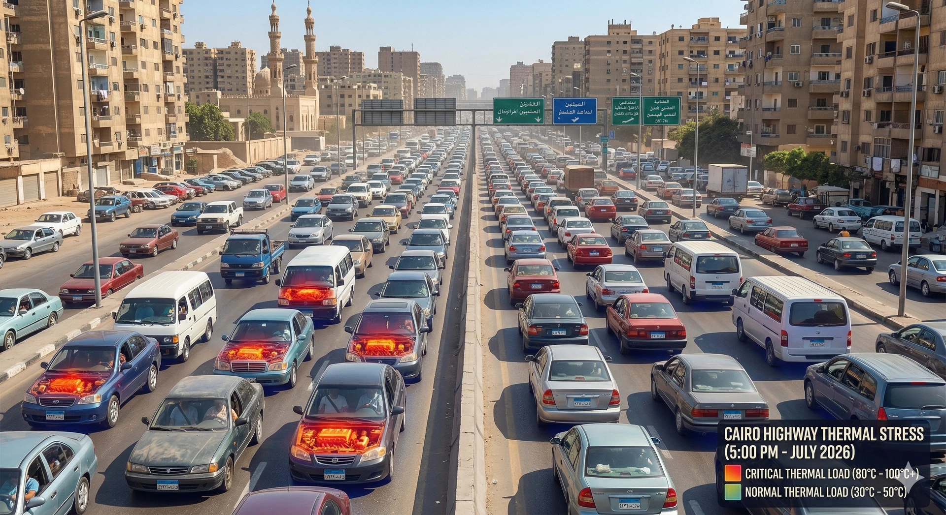 Egyptian driving conditions push motor oil to its thermal limits. Heavy stop-and-go traffic on an Egyptian highway during a hot summer day.