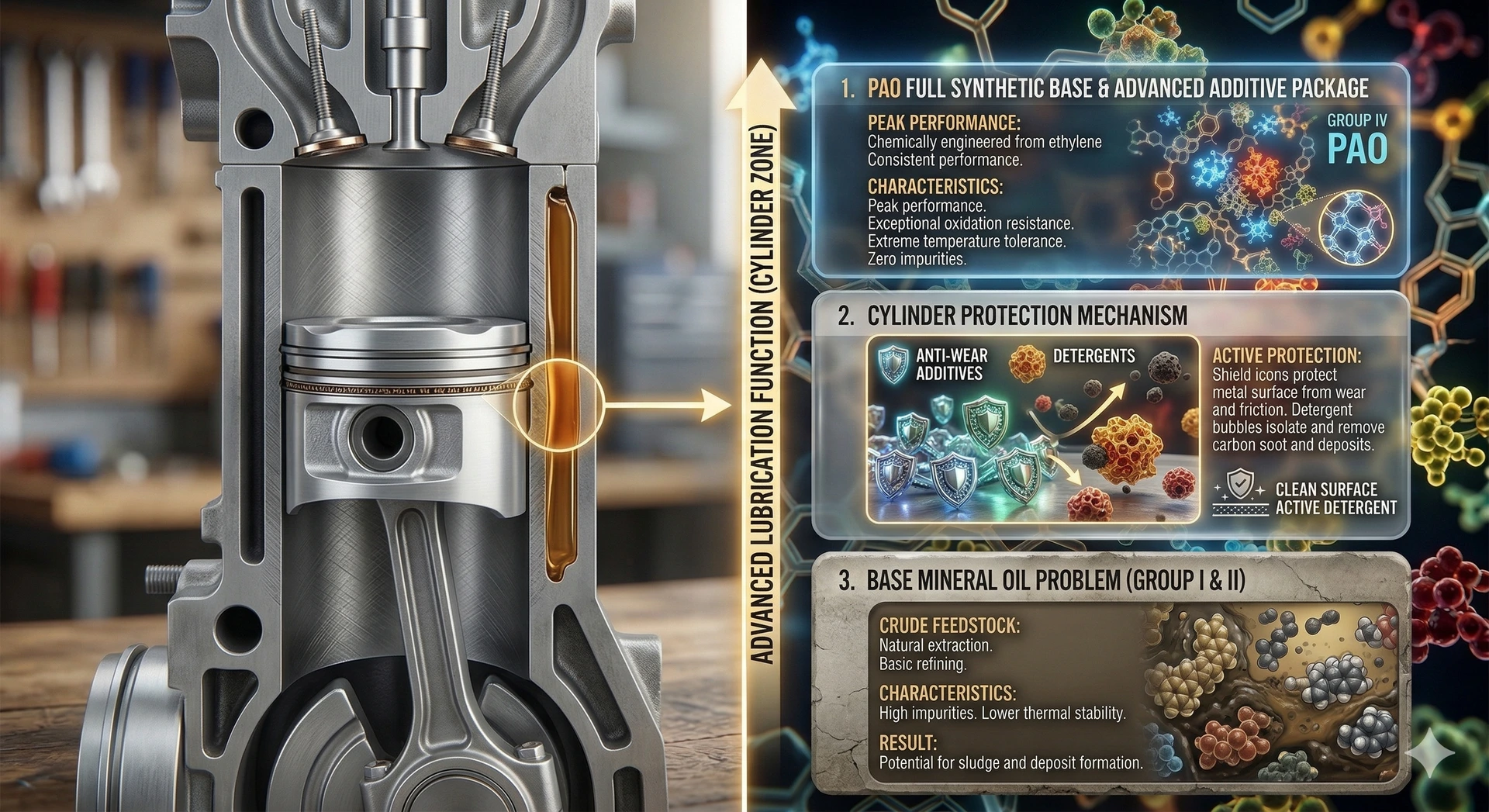 Additives like detergents and friction modifiers are the secret to engine longevity. A visual breakdown of motor oil additives protecting engine components.