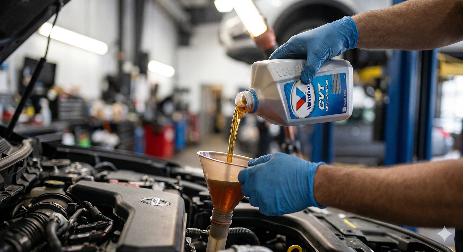 Close-up photograph of hands pouring a golden amber fluid, identified on the bottle as CVT Full Synthetic fluid, from a silver and blue bottle into a large orange funnel inserted into a car engine.