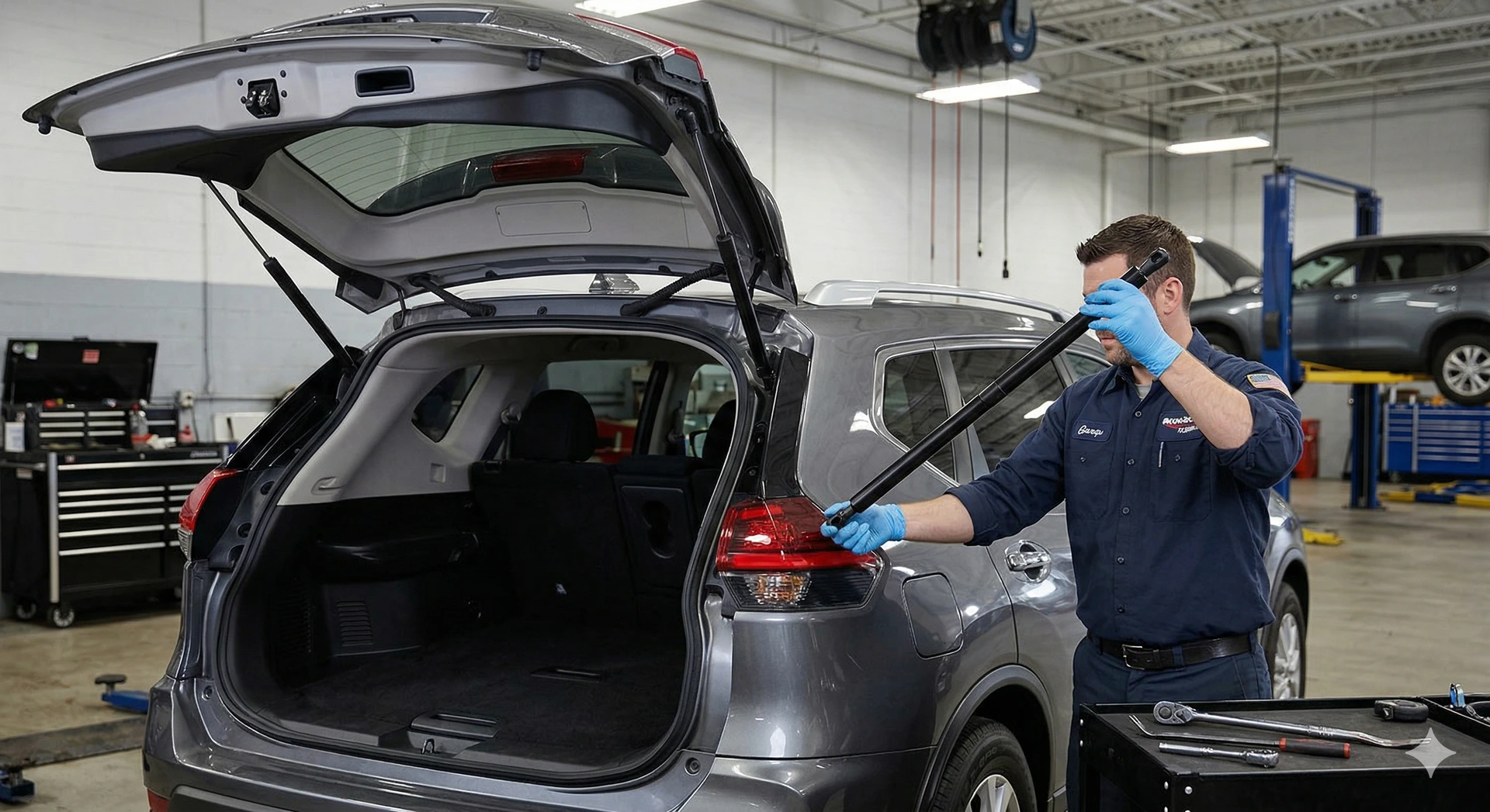 A mechanic in a professional garage holding a new black heavy-duty gas support strut next to a silver Nissan Rogue with its rear liftgate open for repair.
