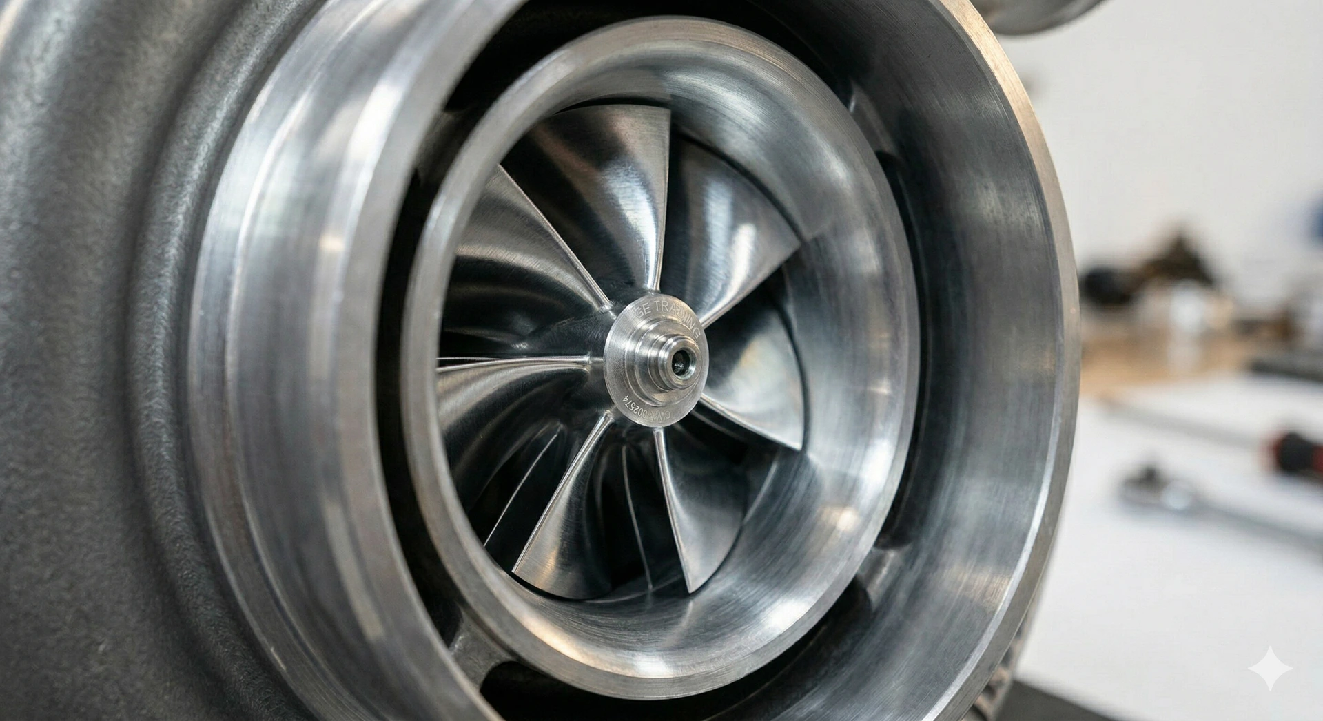 Inspecting the compressor blades for chips, bending, or rubbing is critical for preventing catastrophic turbo failure A close-up view of a turbocharger's compressor wheel and blades being illuminated for inspection.