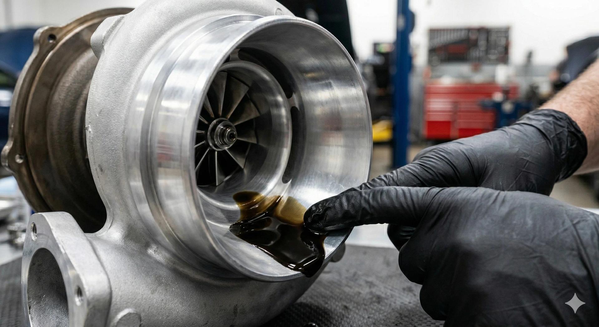 Close-up of engine oil pooling inside the compressor housing of a vehicle's turbocharger.