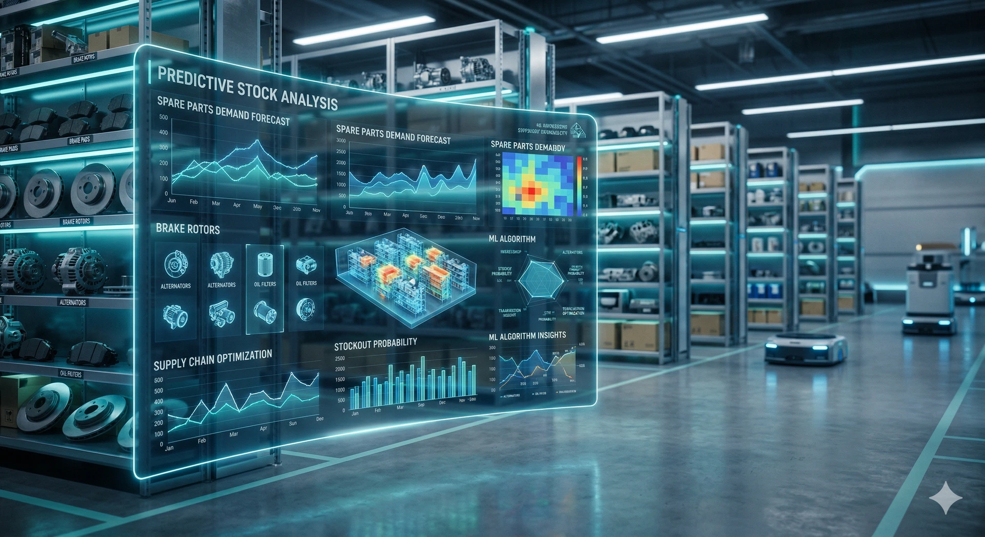 A holographic data interface showing machine learning predictive analytics for automotive spare parts inventory management to prevent stockouts.