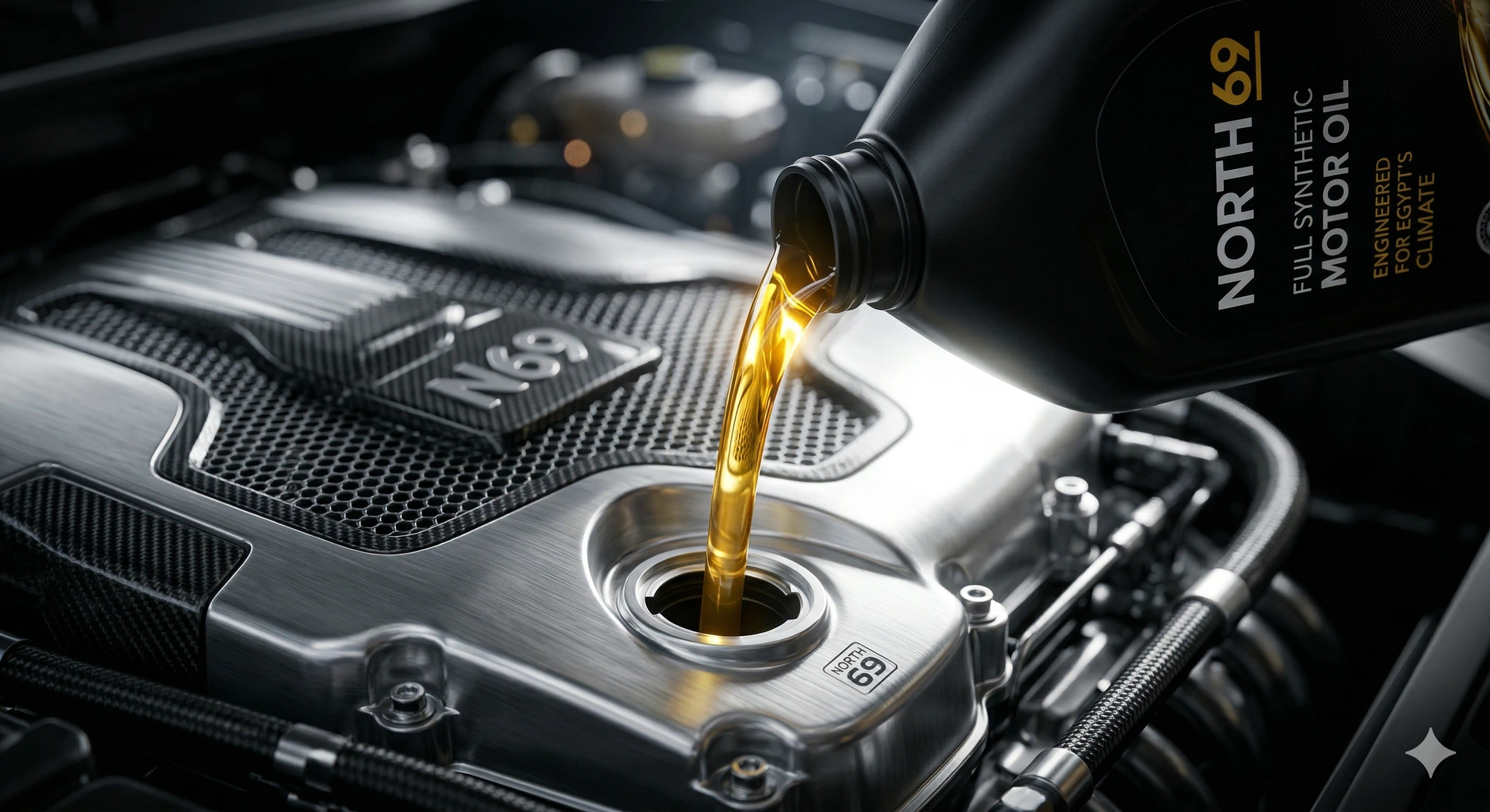 Revitalizing your engine with North 69 Full Synthetic Oil. A close-up shot of North 69 full synthetic motor oil being poured into a car engine, highlighting its golden clarity and high-quality viscosity.
