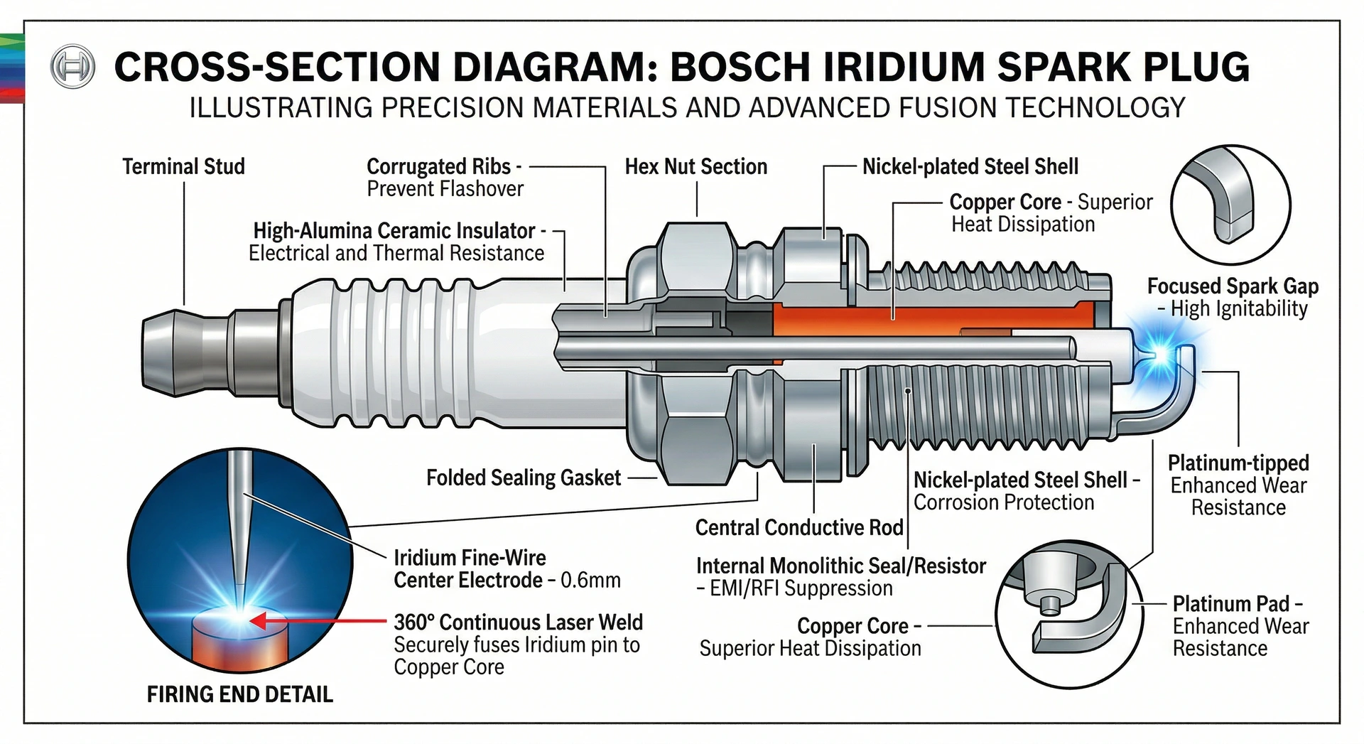 Technical cross-section diagram of a Bosch Iridium spark plug showing the 0.6mm fine-wire center electrode and 360-degree continuous laser weld for high-performance engines.