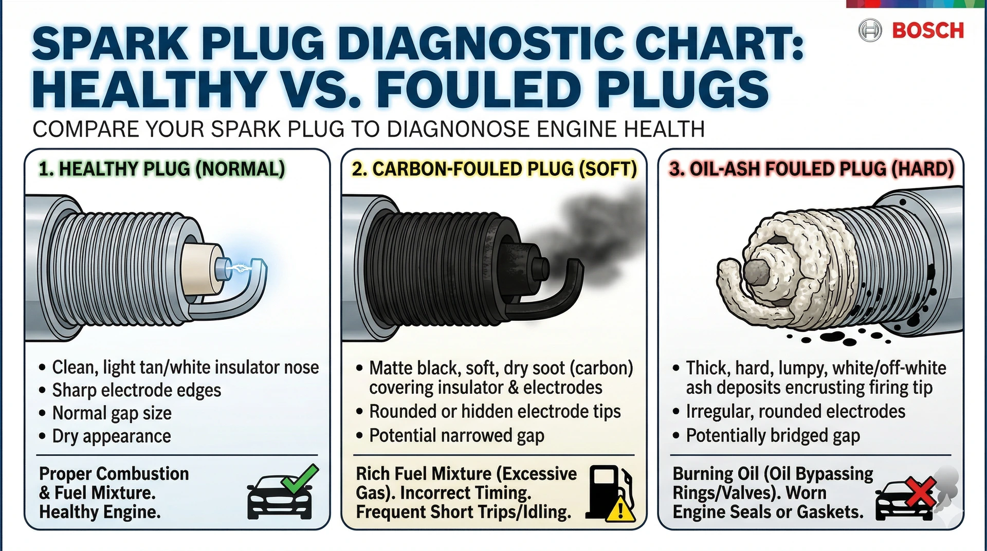 A visual spark plug diagnostic chart comparing a healthy Bosch plug with clean insulators to carbon-fouled and oil-ash fouled plugs, used for diagnosing engine health and fuel mixture issues.