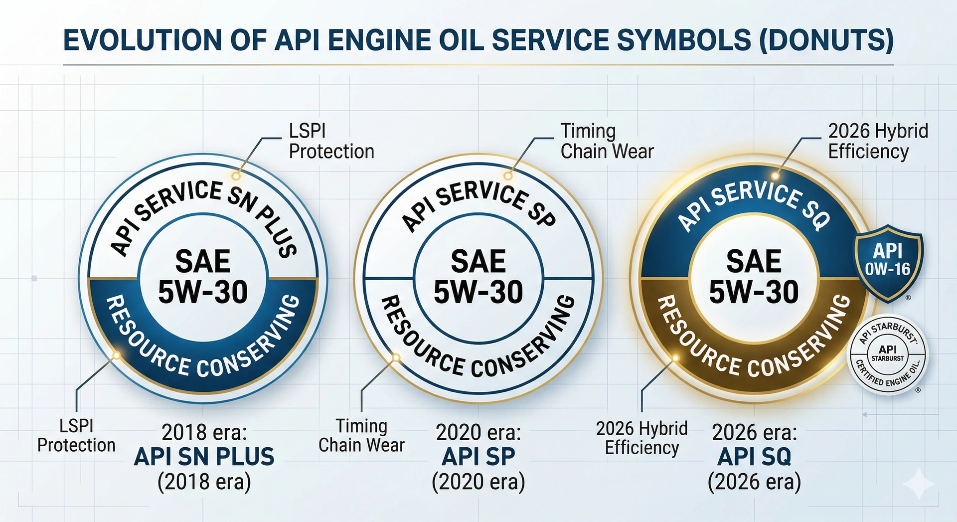 Comparison infographic of API Engine Oil Service Symbols (Donuts) showing the evolution from API SN PLUS and API SP to the 2026 API SQ standard, featuring the API Starburst and Shield marks for hybrid engines.