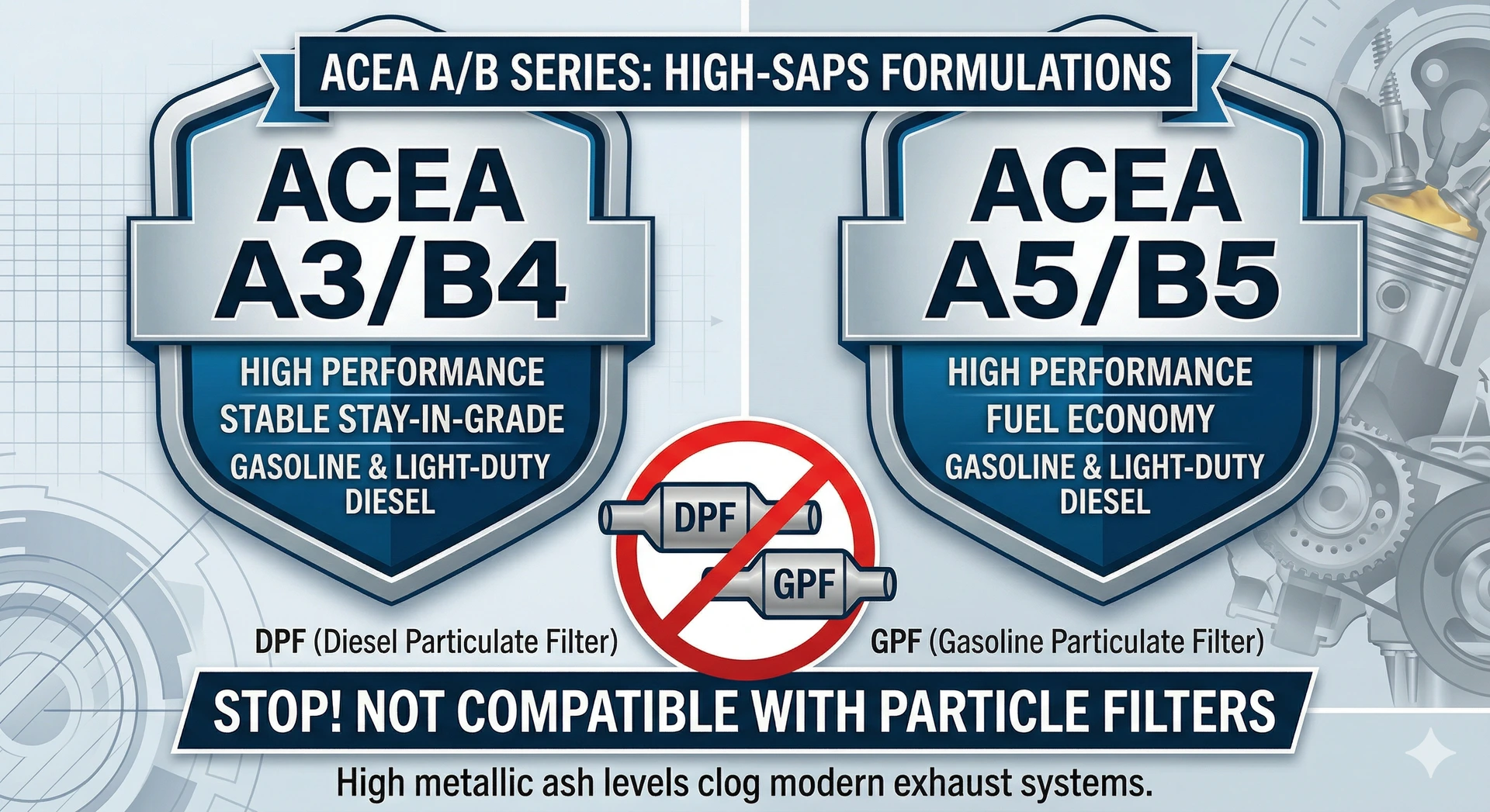 A technical automotive infographic comparing ACEA A3/B4 and A5/B5 engine oils. Both are labeled as High-SAPS formulations for gasoline and light-duty diesel. A prominent red warning section at the bottom features a "no" symbol over DPF and GPF icons, stating they are not compatible with particle filters due to high metallic ash levels.