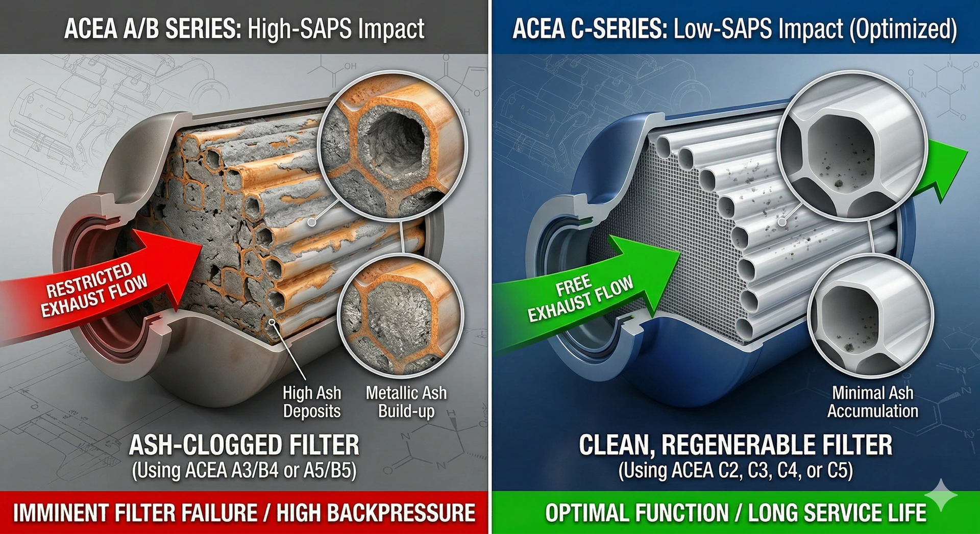 A side-by-side technical comparison of a particulate filter. The left side shows an ACEA A/B series high-SAPS impact with a clogged honeycomb structure and restricted exhaust flow. The right side shows an ACEA C-series low-SAPS impact with a clean, regenerable filter and free exhaust flow.