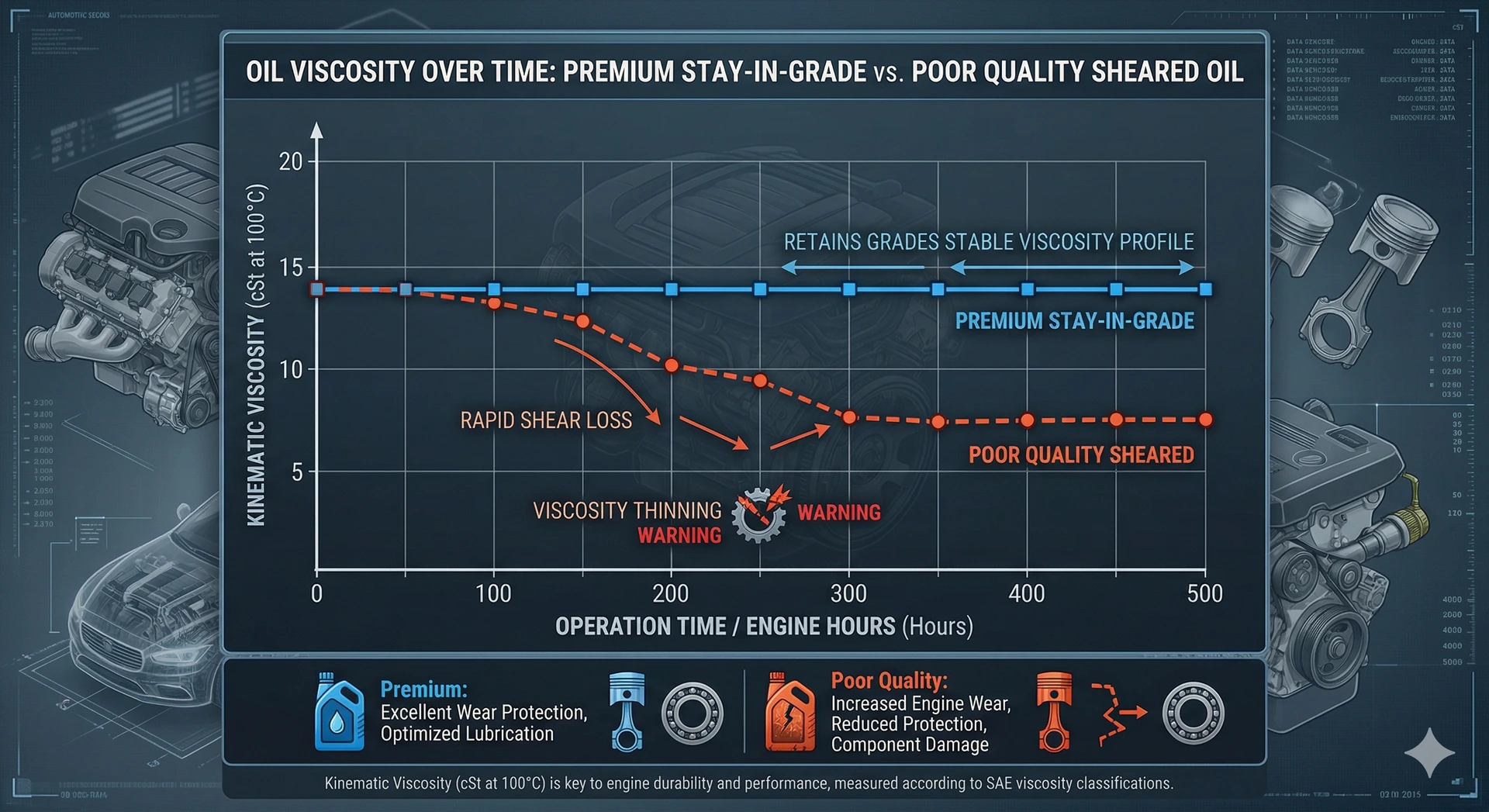 A technical line graph comparing "Premium Stay-in-Grade" oil versus "Poor Quality Sheared" oil over 500 engine hours. The premium oil maintains a stable blue horizontal line, while the poor quality oil shows a significant red downward curve, labeled as "Rapid Shear Loss" and "Viscosity Thinning Warning.