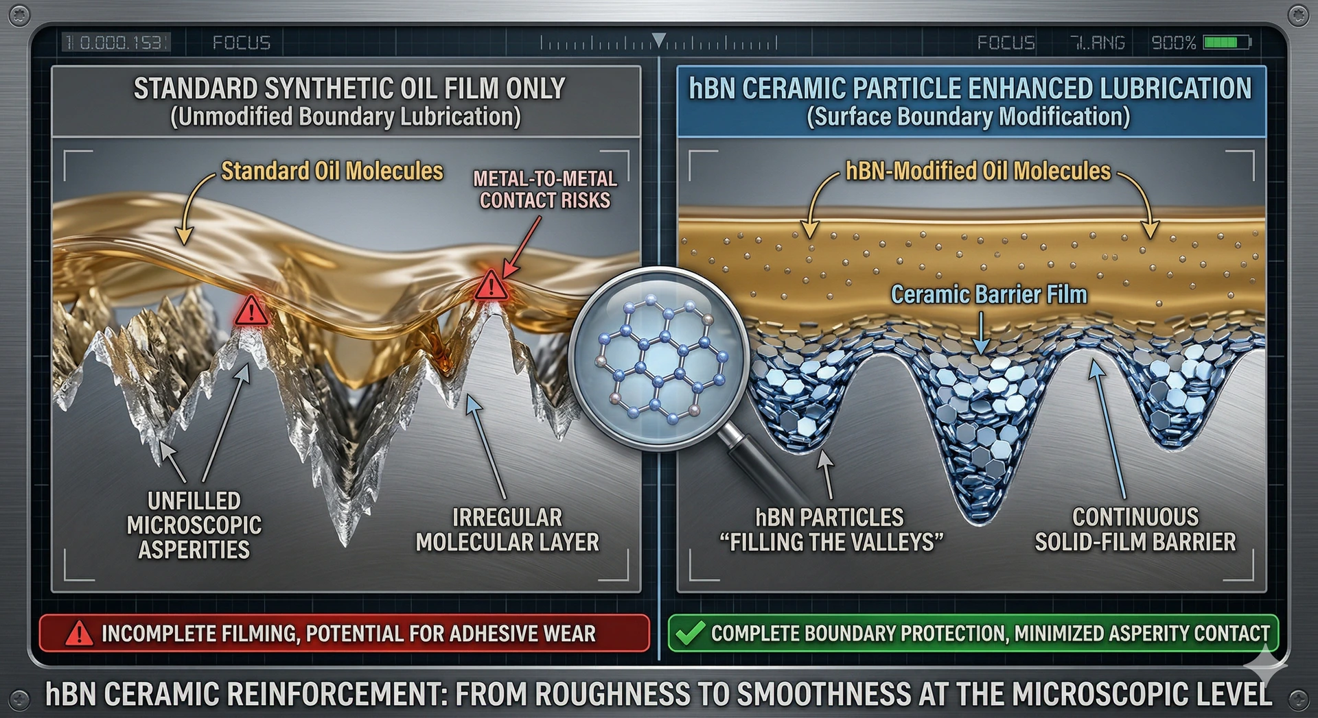 A side-by-side microscopic technical illustration of metal surface lubrication. The left panel shows standard synthetic oil failing to fill jagged metal asperities, risking metal-to-metal contact. The right panel shows hexagonal Boron Nitride (hBN) ceramic particles filling the microscopic valleys to create a smooth, continuous solid-film barrier and a ceramic protective layer.