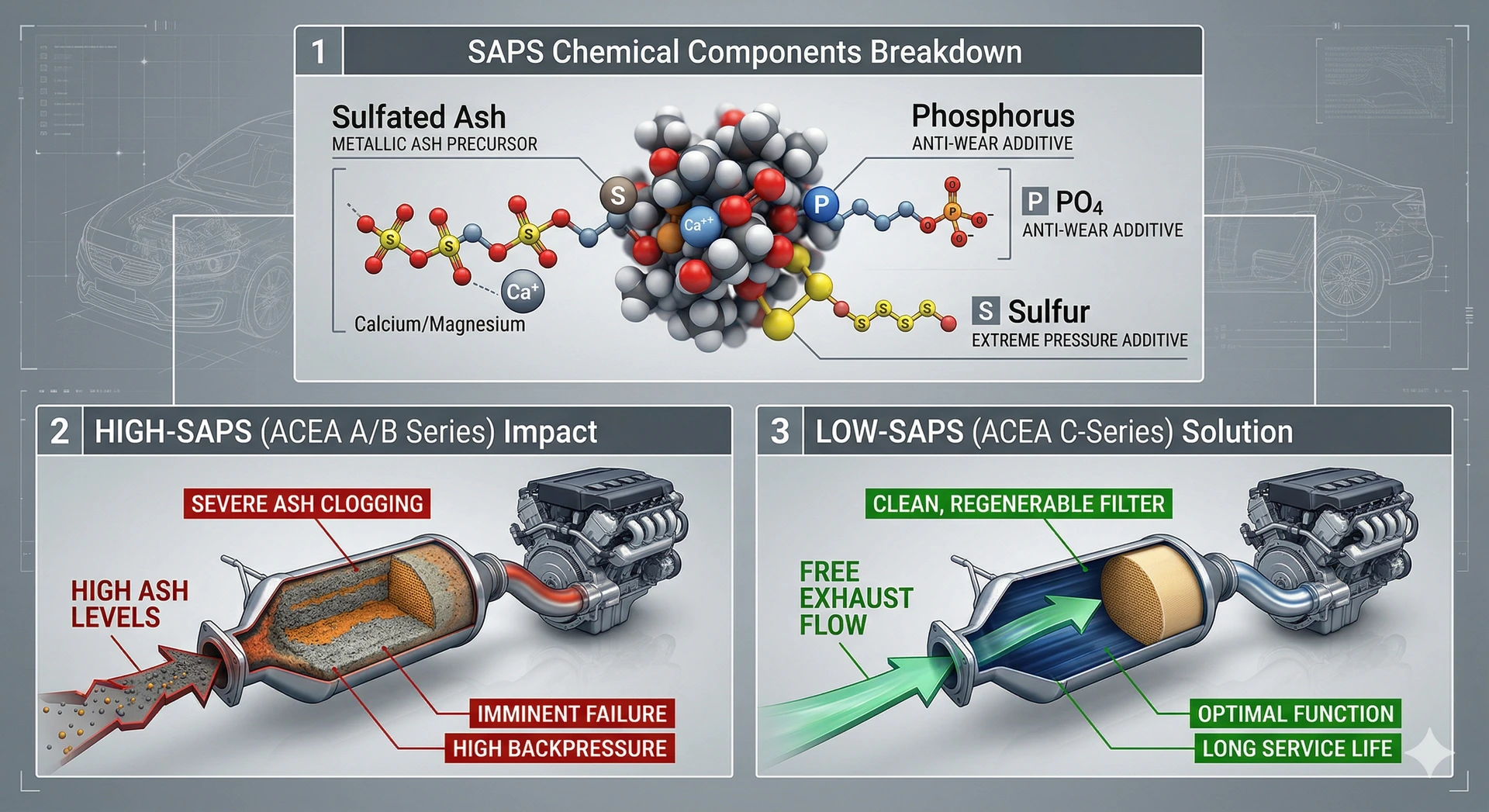 A technical infographic illustrating the chemical breakdown of SAPS (Sulfated Ash, Phosphorus, Sulfur) components. It features a side-by-side comparison. The left panel shows "HIGH-SAPS" impacting a severely clogged exhaust filter with "Ash Build-up." The right panel shows "LOW-SAPS" resulting in a "CLEAN, REGENERABLE FILTER." A microscopic illustration shows molecular chains of Sulfated Ash, Phosphorus, and Sulfur.