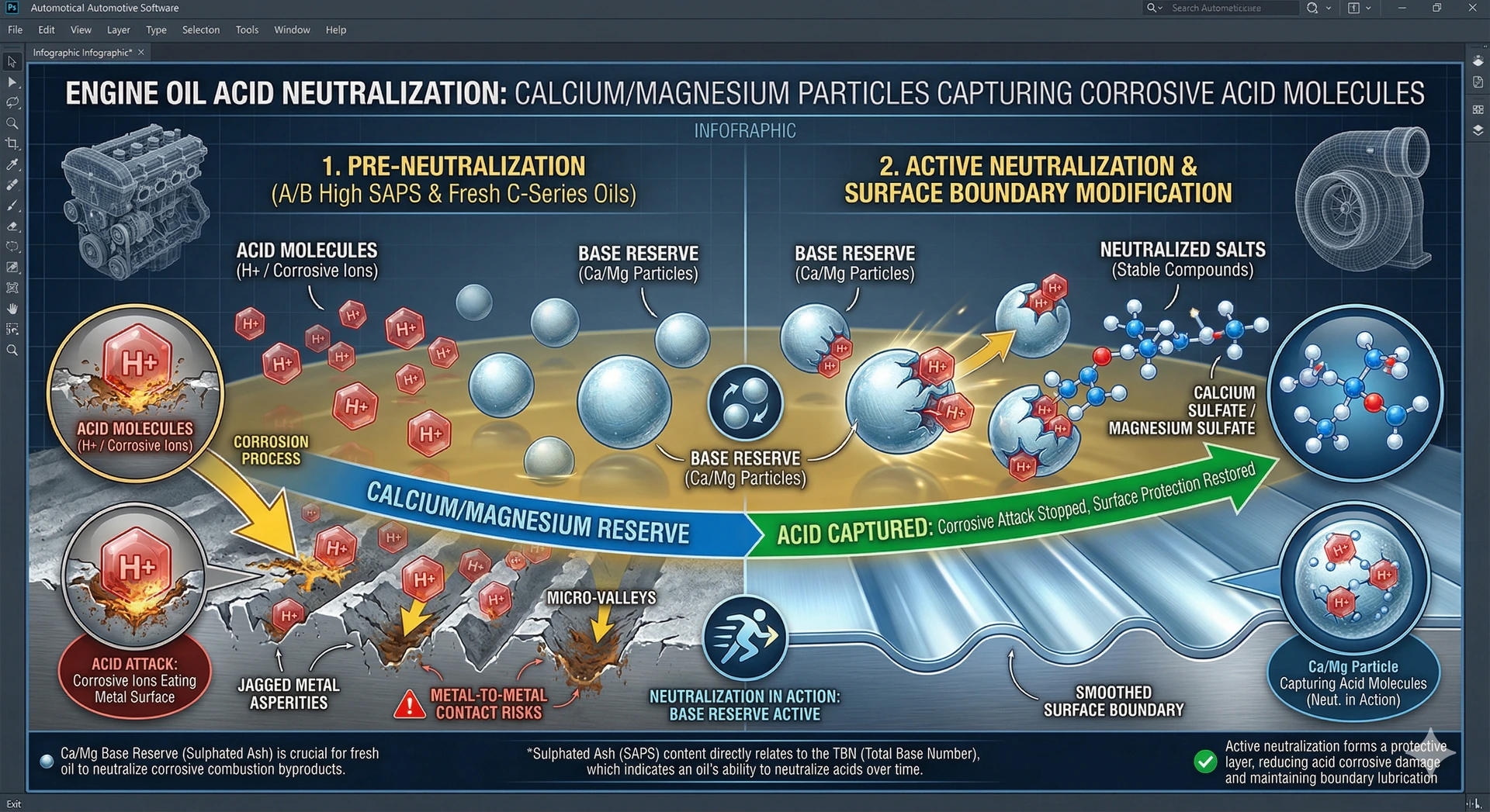 A technical automotive infographic showing the acid neutralization process in engine oil. Large blue Calcium and Magnesium (Ca/Mg) "Base Reserve" particles are shown capturing and neutralizing red "Acid Molecule" ions (H+) to prevent corrosion on metal engine surfaces. The process transforms corrosive ions into stable neutralized salts like Calcium Sulfate.