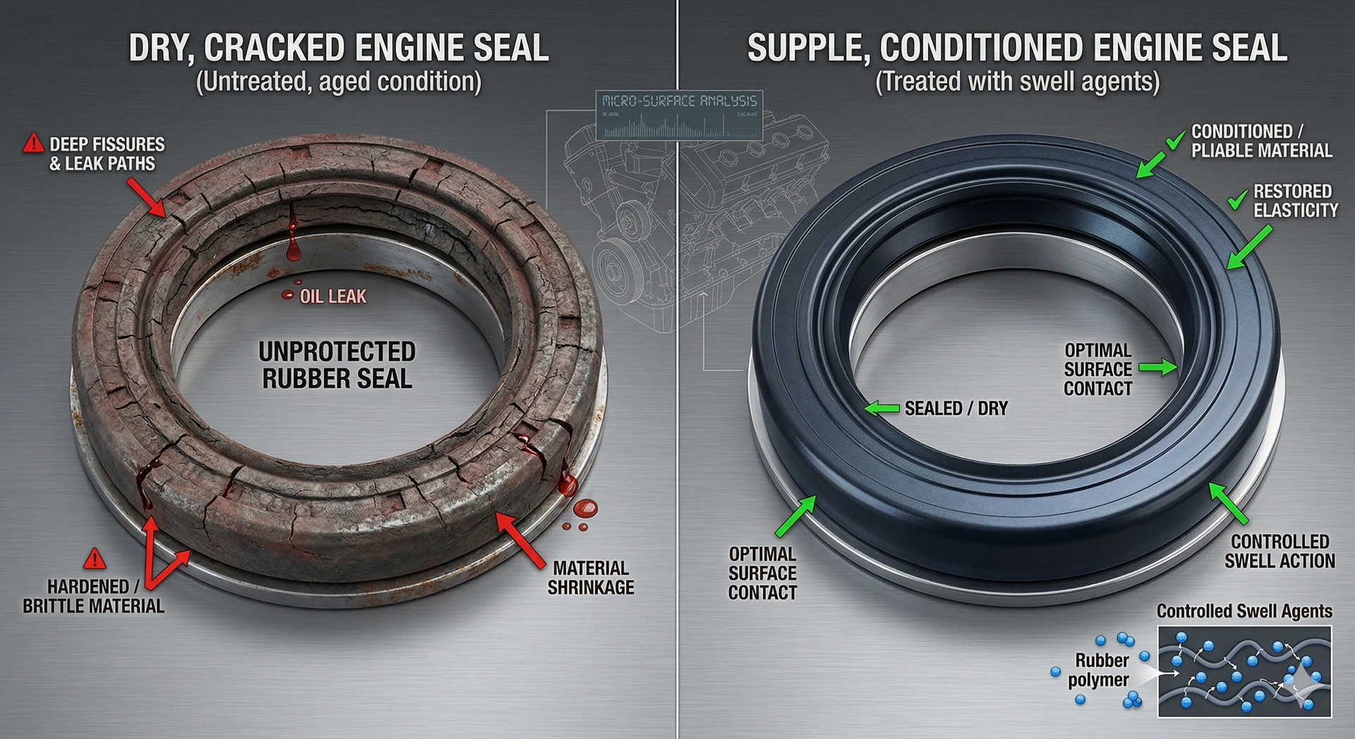A technical side-by-side comparison of two rubber engine seals. The left side shows a dry, cracked, and brittle seal with visible oil leaks labeled "Unprotected Rubber Seal." The right side shows a thick, supple, and smooth seal labeled "Supple, Conditioned Engine Seal" illustrating the restorative effects of oil swell agents.