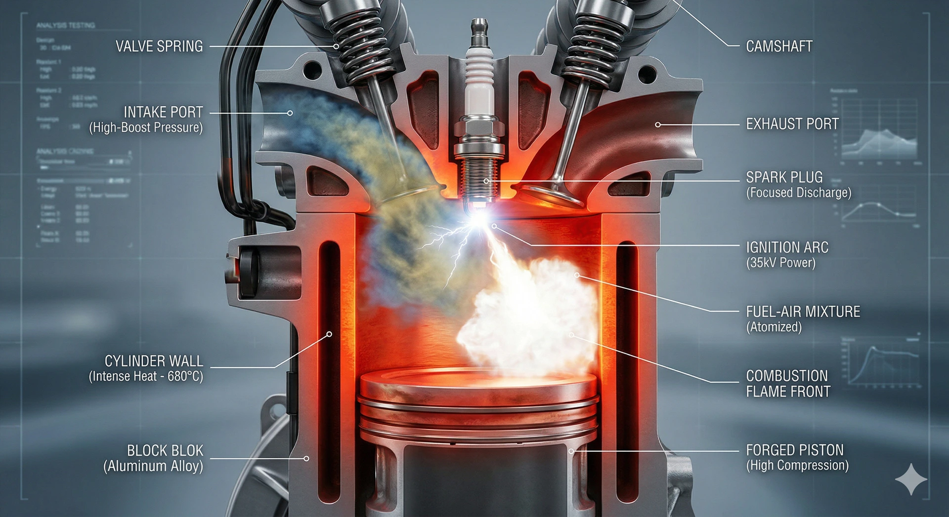 Ruthenium handles the extreme pressures of turbocharging Technical 3D render of a spark plug firing inside a high-pressure turbocharged cylinder