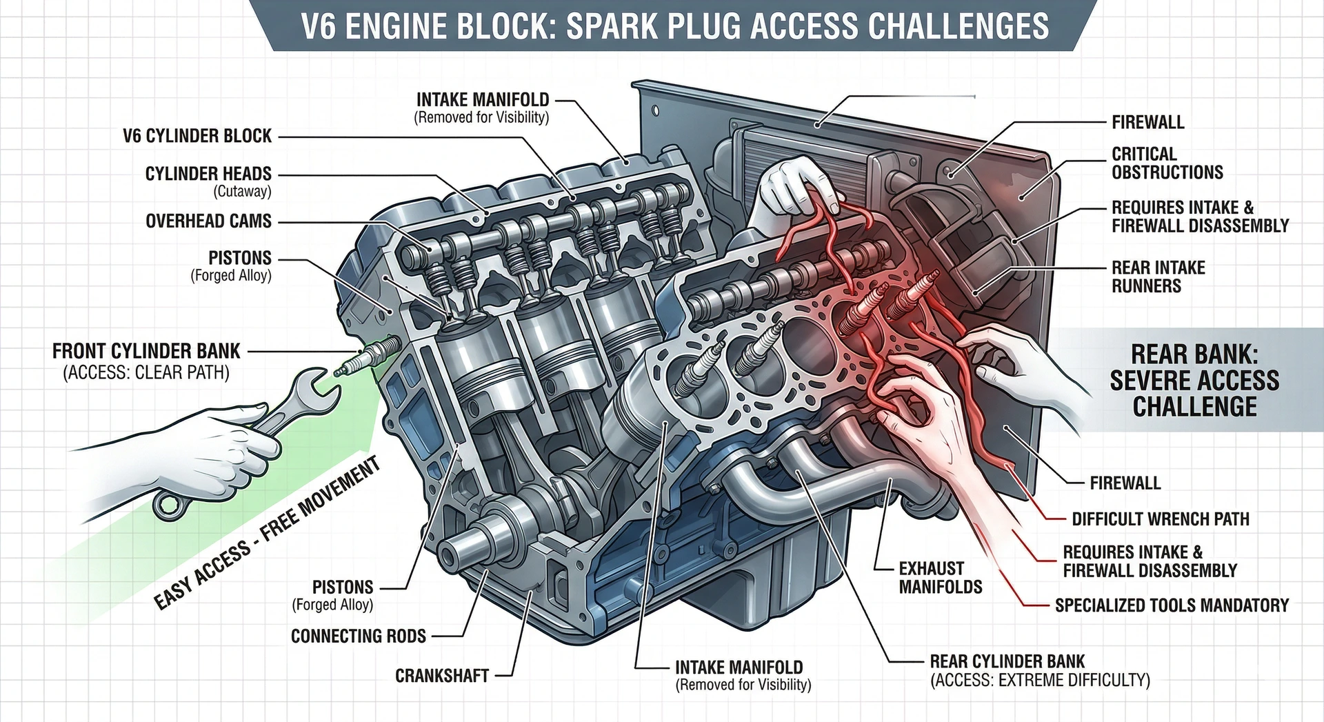 Understanding your V6 layout is key to a successful DIY change. Technical 3D diagram of a V6 engine showing spark plug locations and cylinder arrangement.