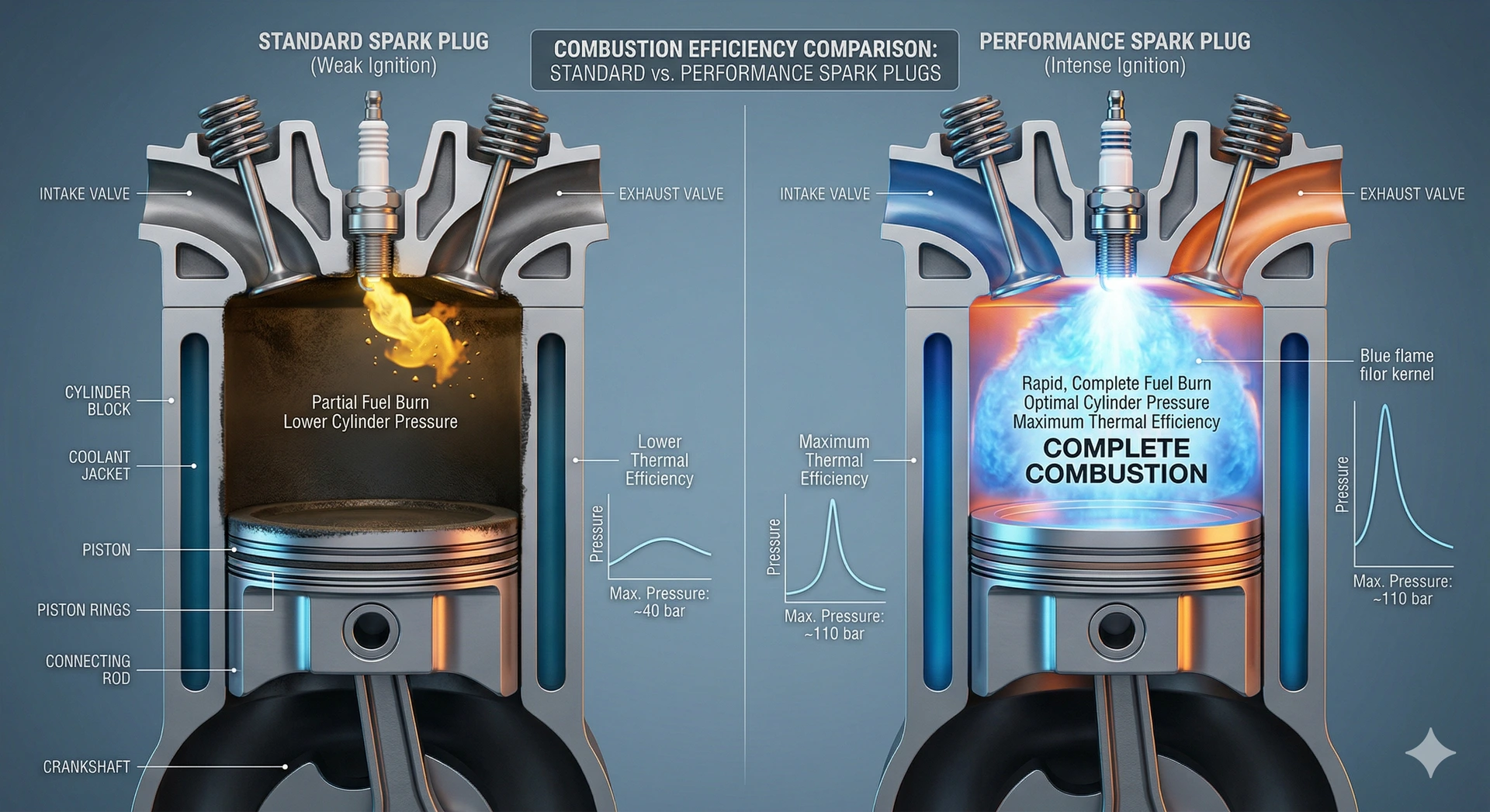 Better ignitability equals better MPG. Comparison showing complete combustion with performance spark plugs vs standard plugs.