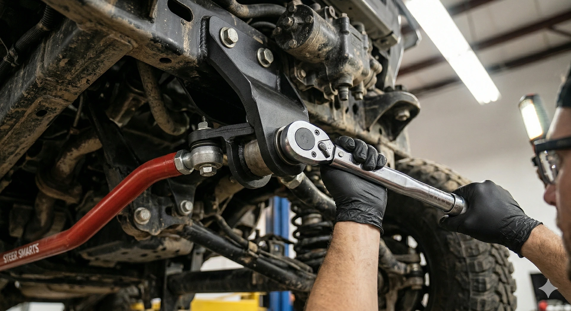 A close-up of a mechanic's gloved hands using a high-quality torque wrench to tighten a heavy-duty forged steel track bar bracket on a Jeep Wrangler, showcasing a red Steer Smarts track bar installation.
