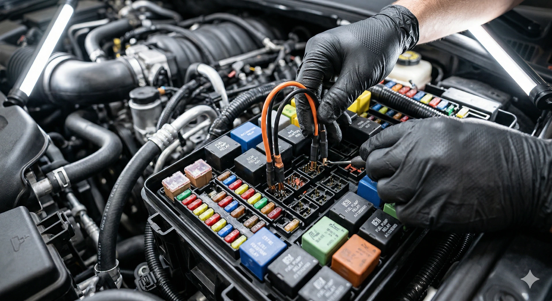 A detailed macro shot of a mechanic's gloved hands installing a customized orange and black bypass cable into the micro-relay slots of an open TIPM fuse box under a vehicle's hood.